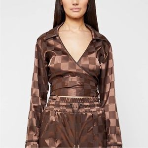 NWT Maniere de Voir Checkered Satin Brown Blouse